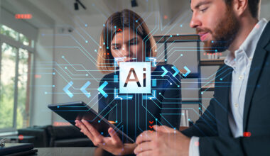 Businesspeople working together at office workplace. Concept of team work, business education, internet surfing, brainstorm, project information technology. Ai technology icons