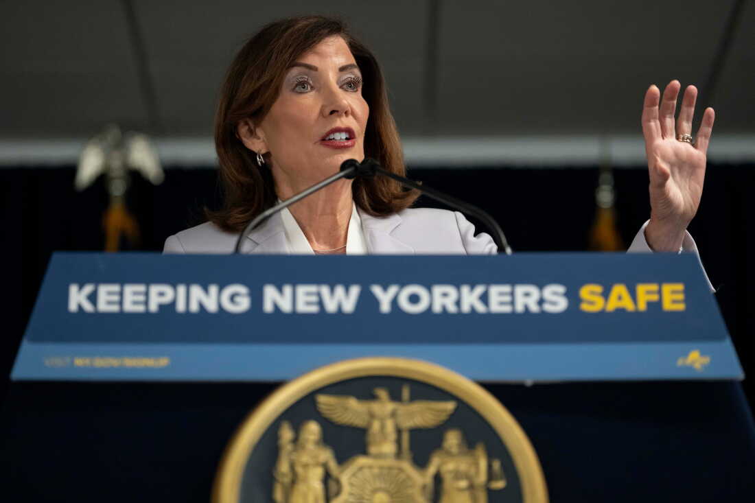 New York Governor Kathy Hochul takes part in a press conference to announce moves to prevent what her office calls is ICE overreach on Aug. 12, 2026.