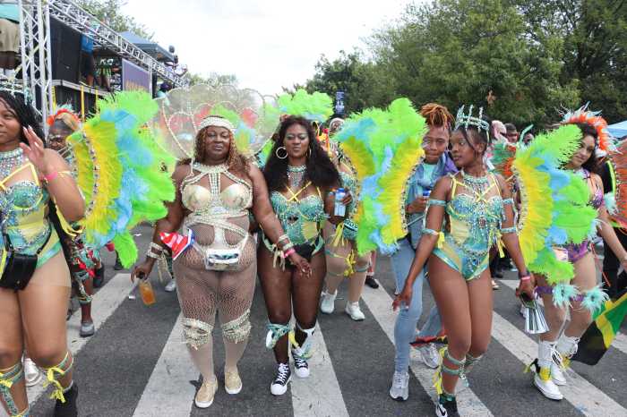 Masqueraders from 1199 Labor Union during the West Indian American Day Carnival Parade in 2025.