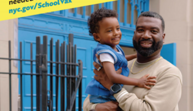 A happy student and a parent holding a child. Text reads: Get vaccinated! Get back to school and 2K too! Talk to your child's doctor about vaccines needed for childcare and school.