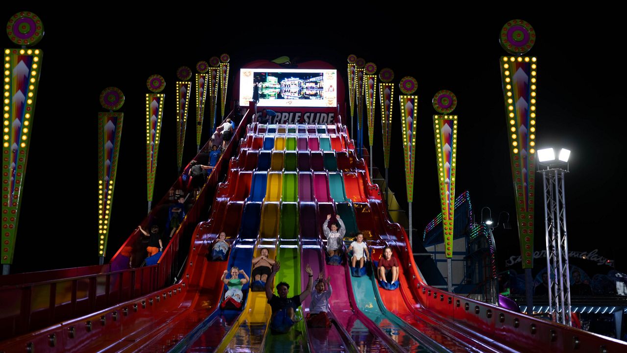 Fairgoers go down the slide at the New York State Fairgrounds.