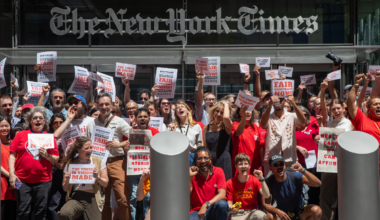 Unionized staff at the New York Times protest in front of the company's offices in NYC.