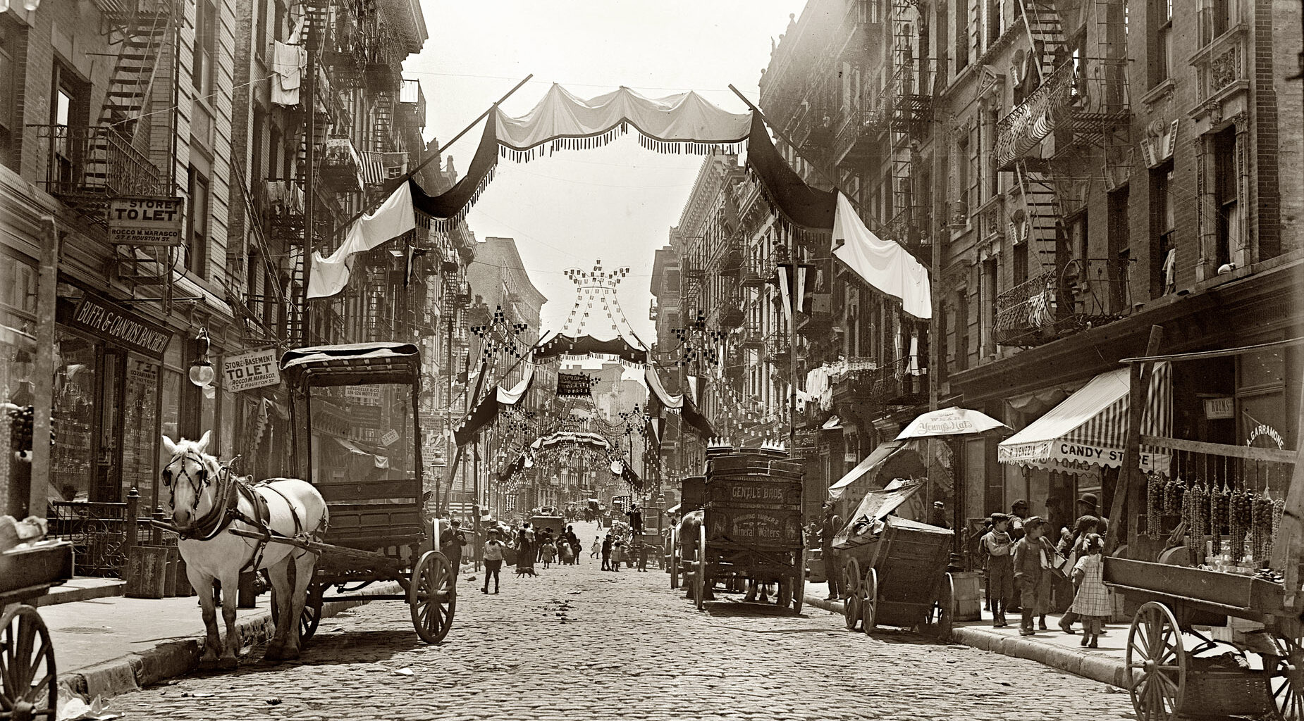 Mott Street all fancied up for a religious festival in 1908. It