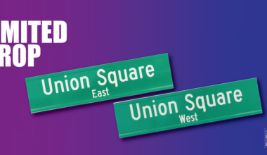 Green and white signs of Union Square East and West. Limited Drop by N Y C D O T.