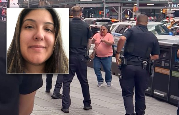 Pamela Cisneros (main and inset) was fatally shot by NYPD officers after refusing to drop two knives she was swinging as she approached them in Times Square Monday, Aug. 31, 2026, at Seventh Ave. and W. 43rd St. in Midtown Manhattan. (Courtesy of Jorge Disla; Obtained by NYDN)
