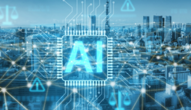 A city skyline overlaid with digital graphics, including a large glowing AI on a microchip, network connections, and technology icons, symbolizing artificial intelligence integration in urban environments.