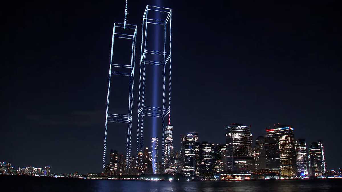 9/11 commemoration display creates Twin Towers made of lit drones