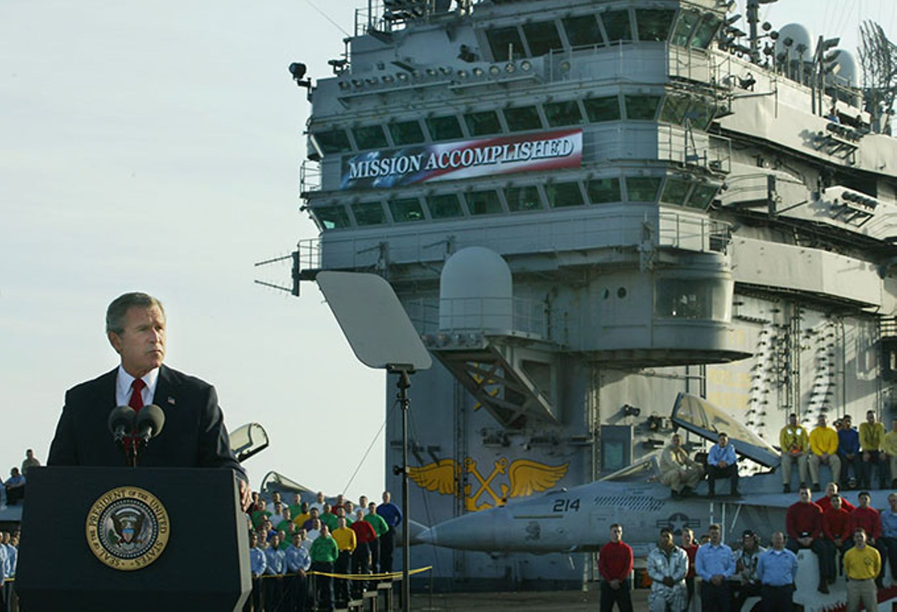 Presdent George W. Bush delivers speech to the sailors and the nation, on the flightdeck of the aircraft carrier USS Abraham Lincoln.