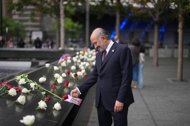 United States Secretary of Commerce Howard Lutnick stands at the memorial on the 25th anniversary of the September 11, 2001, terrorist attacks, Friday, Sept. 11, 2026, in New York. (AP Photo/Adam Gray, Pool)