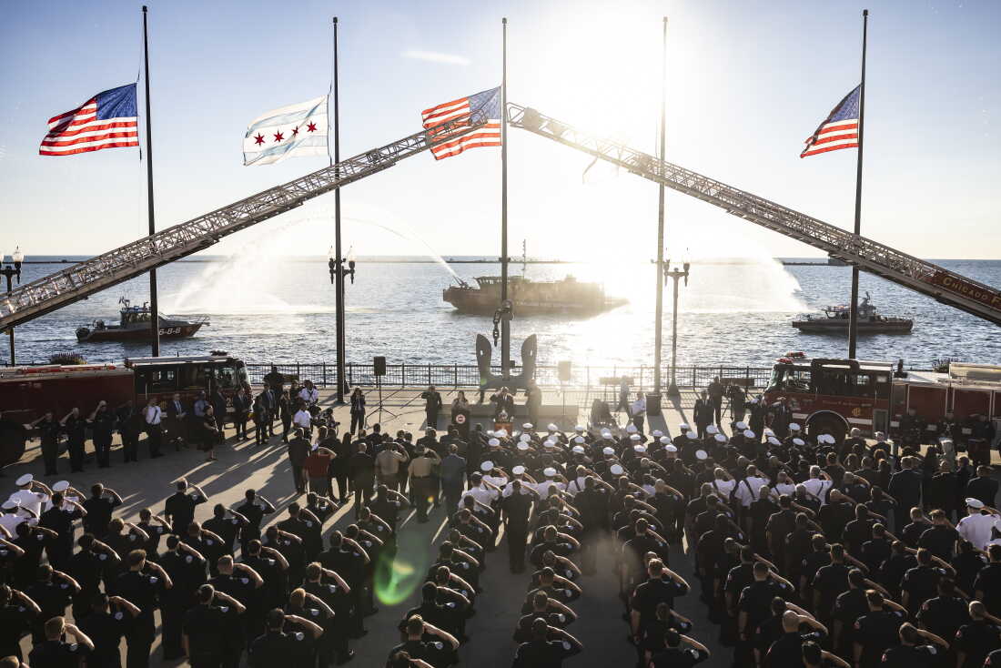 Members of the Chicago Fire Department commemorate the 25th anniversary of the Sept. 11, 2001, terrorist attacks during a ceremony at Navy Pier, Friday, Sept. 11, 2026.