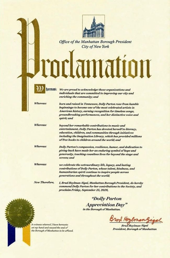 Manhattan Proclaims September 25 Dolly Parton Appreciation Day Honoring Country Music Icon