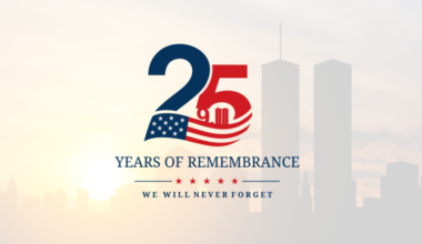 25 years of remembrance logo with American flag, Twin Towers silhouette, and text We Will Never Forget against a faint city skyline background.