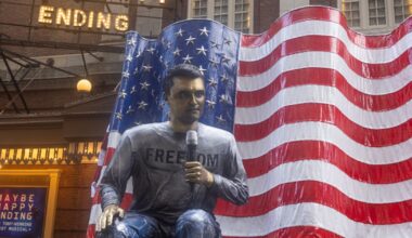 Charlie Kirk life-size statue displayed in Times Square on death anniversary