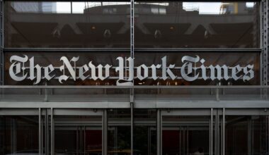The New York Times Building with its newspaper logo sign above the entrance is seen in New York City, United States, on August 6, 2026. (Credit: Marcin Golba/NurPhoto via Getty Images)