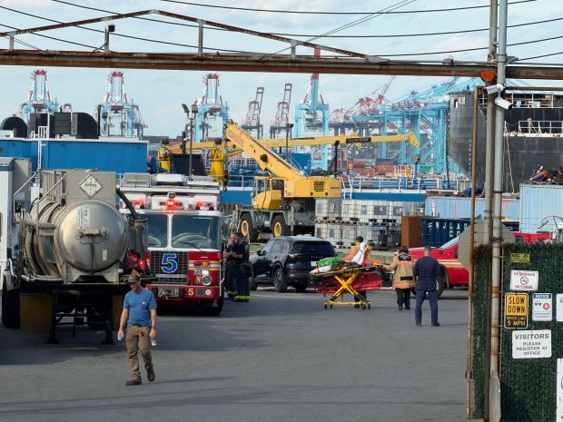 Emergency workers are pictured after an explosion on a barge on Staten Island, killing one man and igniting a blaze that injured two firefighters, at the yard on Richmond Terrace near South Ave. in Mariners Harbor Thursday, Sept. 10, 2026. (Rose Abuin / New York Daily News)
