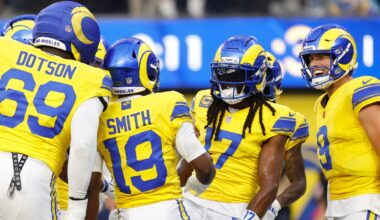 Los Angeles Rams wide receiver Davante Adams (17) made two touchdown catches in their win over the New York Giants