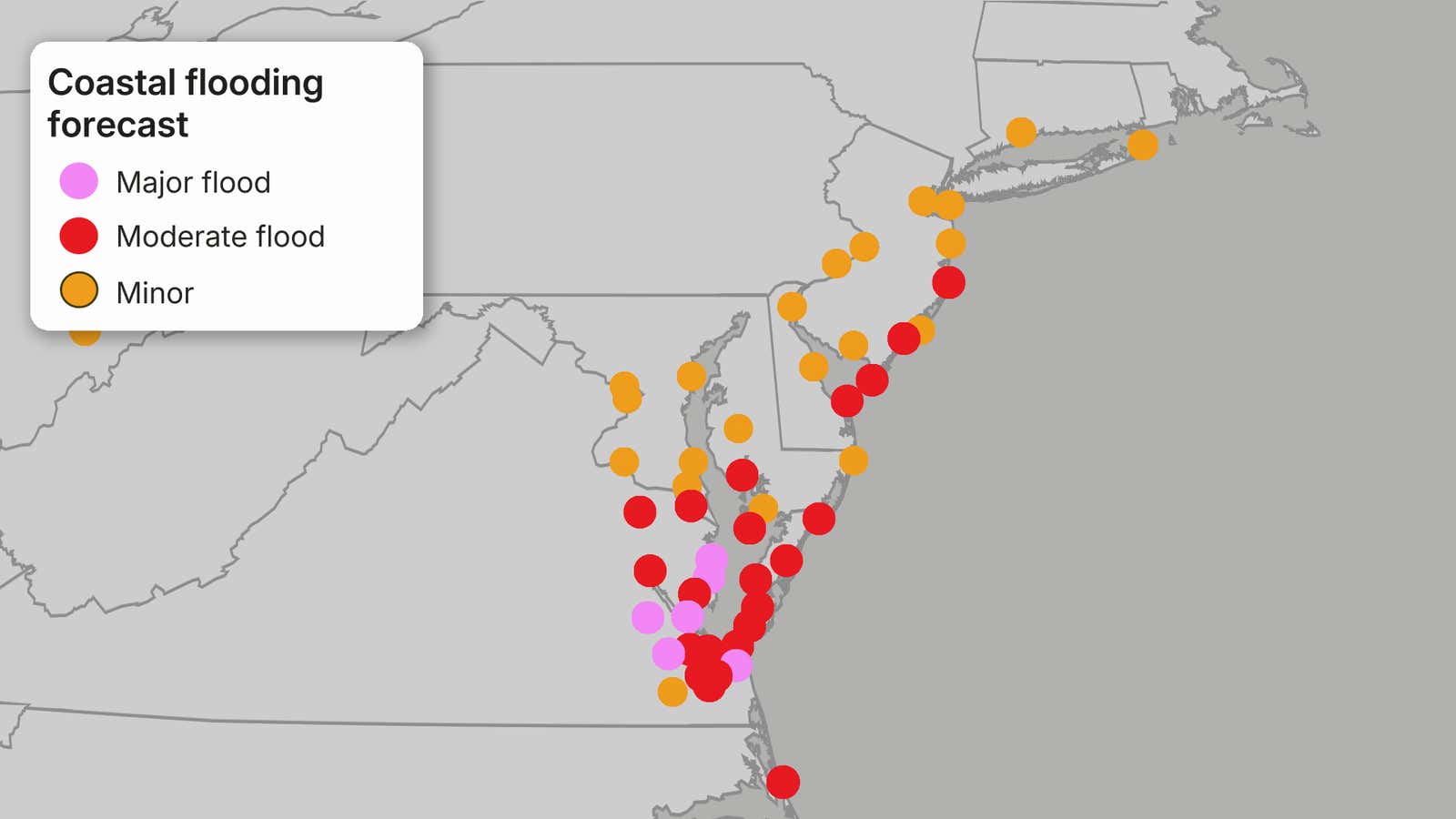 Map of US East Coast showing coastal flooding forecast severity with pink, red, and orange dots indicating major, moderate, and minor flooding