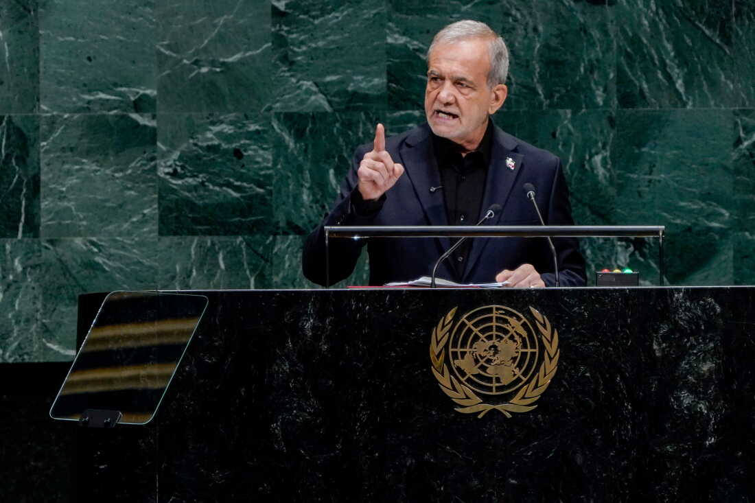 Masoud Pezeshkian, Iran's president, addresses the United Nations General Assembly in New York, on Wednesday.