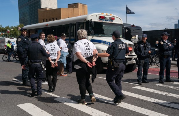 Pro-Palestinian protestors block First Ave. at E. 39th St. in protest of Israeli Prime Minister Benjamin Netanyahu before he speaks at the United Nations Thursday, Sept. 24, 2026 in Manhattan, New York. (Barry Williams/ New York Daily News)