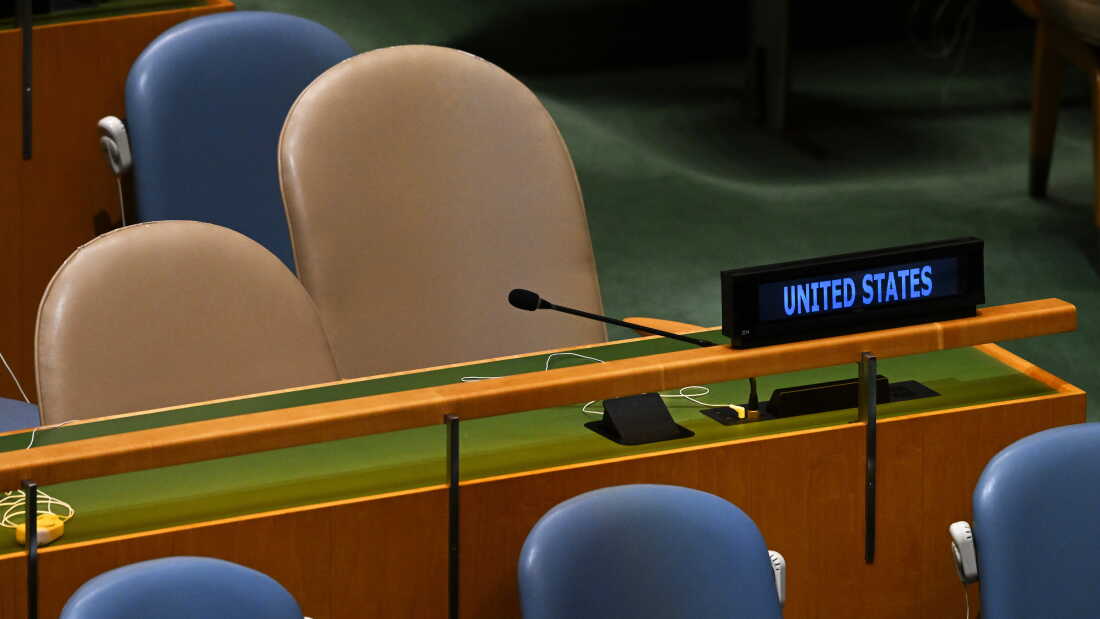 NEW YORK, NEW YORK - SEPTEMBER 23: Seats for the United States delegation remain empty as President of Iran Masoud Pezeshkian addresses the 81st session of the United Nations (U.N.) General Assembly at U.N. Headquarters on September 23, 2026 in New York City. World leaders have gathered in New York for the annual session of the United Nations General Assembly, with this year's global issues ranging from the threat of artificial intelligence to the continued wars in Ukraine and Gaza. (Photo by Alexi J. Rosenfeld/Getty Images)