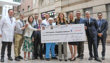 From left to right: Bellevue Chief Nursing Officer Christopher Wilson, NYC Health + Hospitals President and CEO Dr. Mitch Katz, Council Finance Committee Chair Linda Lee, Bellevue Hospital Chief Operating Officer Erfan Karim, Congressmember Jerry Nadler, Bellevue Hospital CEO Dr. Eric Wei, Council Health Committee Chair Lynn Schulman, Speaker Julie Menin, Council Member Virginia Maloney, Council Majority Leader Shaun Abreu, Manhattan Borough President Brad Hoylman-Sigal, and Bellevue Chief of Adult Psychiatry Bipin Subedi at the announcement of $25.6 million City Council capital investment to modernize adult inpatient psychiatric infrastructure at Bellevue Hospital.