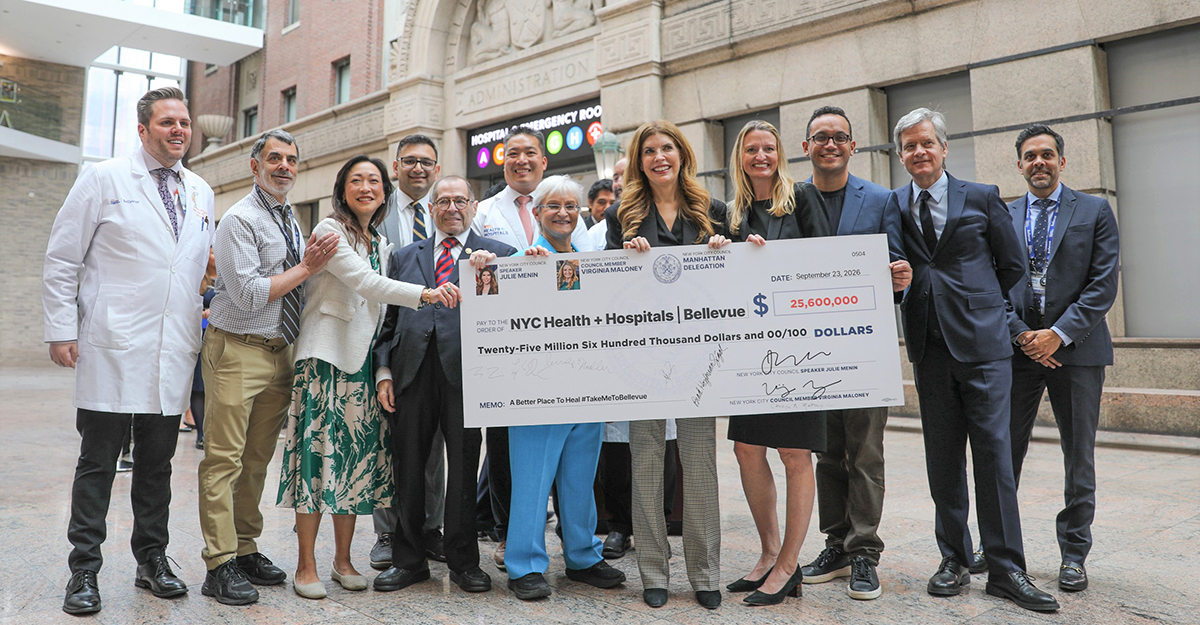 From left to right: Bellevue Chief Nursing Officer Christopher Wilson, NYC Health + Hospitals President and CEO Dr. Mitch Katz, Council Finance Committee Chair Linda Lee, Bellevue Hospital Chief Operating Officer Erfan Karim, Congressmember Jerry Nadler, Bellevue Hospital CEO Dr. Eric Wei, Council Health Committee Chair Lynn Schulman, Speaker Julie Menin, Council Member Virginia Maloney, Council Majority Leader Shaun Abreu, Manhattan Borough President Brad Hoylman-Sigal, and Bellevue Chief of Adult Psychiatry Bipin Subedi at the announcement of $25.6 million City Council capital investment to modernize adult inpatient psychiatric infrastructure at Bellevue Hospital.