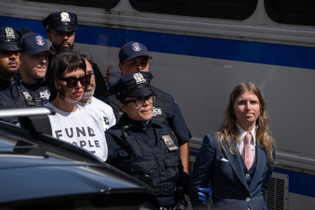 Chelsea Manning (far right) and pro-Palestinian protestors are pictured after being arrested for blocking First Ave. at E. 39th St. in protest of Israeli Prime Minister Benjamin Netanyahu before he speaks at the United Nations Thursday, Sept. 24, 2026 in Manhattan, New York. (Barry Williams/ New York Daily News)