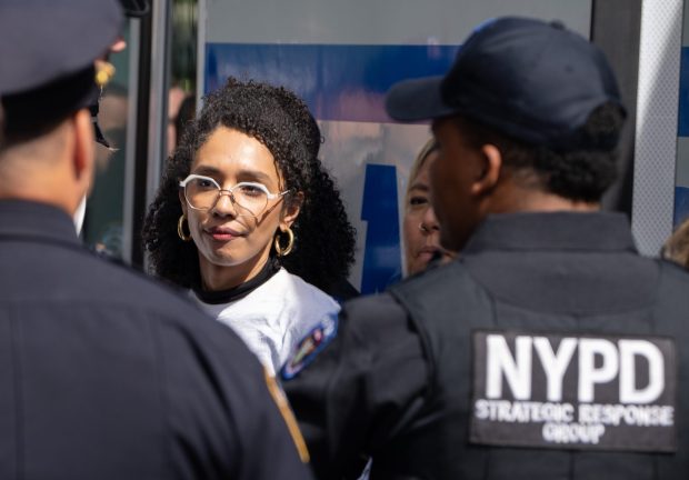 NY-13 Congressional candidate Darializa Avila Chevalier is pictured being detained by police after pro-Palestinian protestors block First Ave. at E. 39th St. in protest of Israeli Prime Minister Benjamin Netanyahu before he speaks at the United Nations Thursday, Sept. 24, 2026 in Manhattan, New York. (Barry Williams/ New York Daily News)
