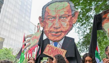 A large group of Jewish and Muslim demonstrators carrying banners and Palestinian flags march from Bryant Park toward the United Nations headquarters to protest the policies of Israeli Prime Minister Benjamin Netanyahu and US President Donald Trump regarding the war in Gaza in New York, United States, on September 24, 2026.