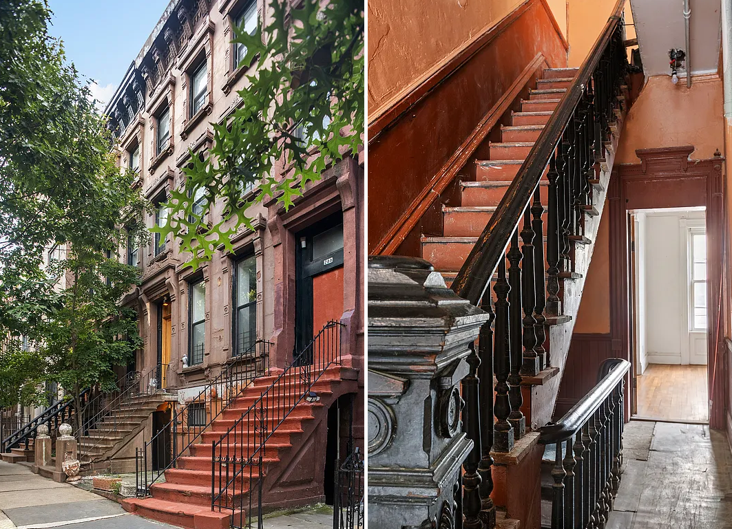 collage of a brownstone exterior and an interior entry hall
