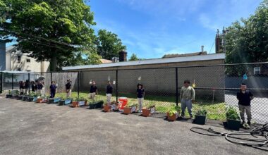 A photo of students in the garden