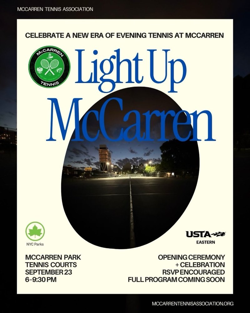 Light Up McCarren poster showing the McCarren Park tennis courts lit at night, with the September 23 opening ceremony details