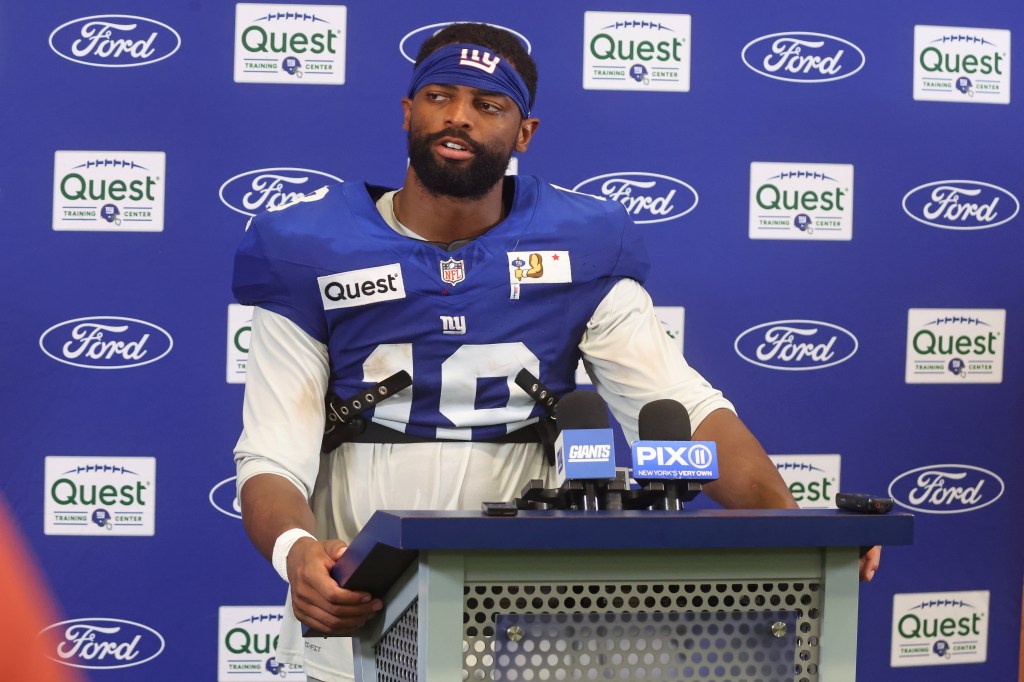 New York Giants wide receiver Darius Slayton speaking at a press conference.