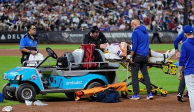 Mets first baseman Jared Young carted off field after colliding with Nolan McLean during game against Phillies
