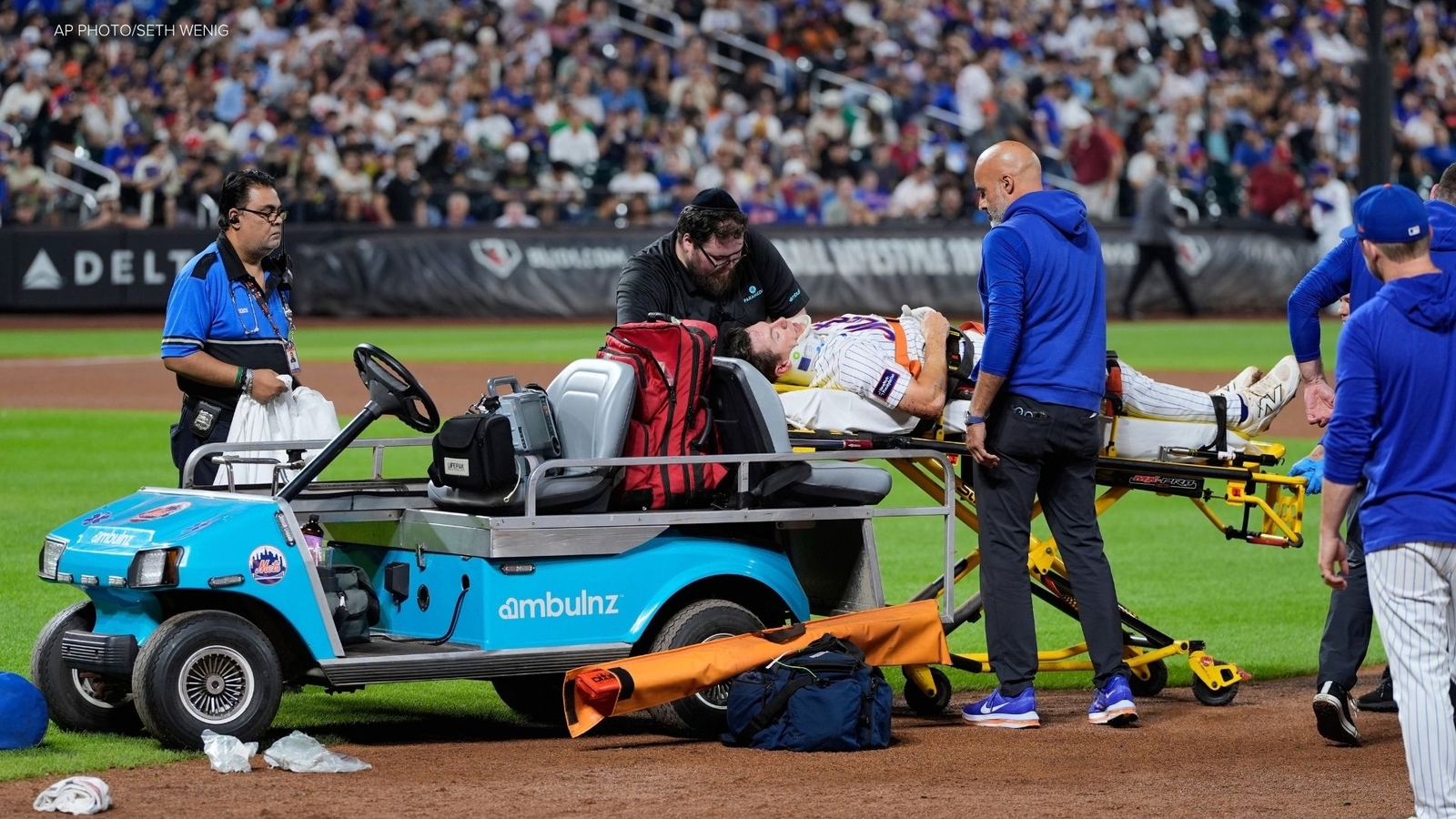 Mets first baseman Jared Young carted off field after colliding with Nolan McLean during game against Phillies