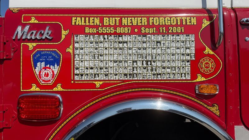 A memorial panel honors FDNY firefighters killed on September 11, 2001. September 5, 2026. (Simon Williams / WPDE) 