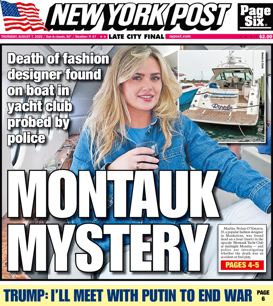 New York Post front page featuring a story about a fashion designer found dead on a boat in a yacht club.