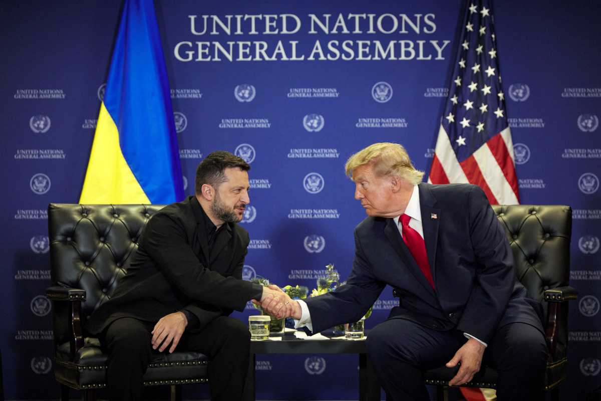 US President Donald Trump and Ukraine's President Volodymyr Zelenskiy shake hands as they meet on the sidelines of the 81st United Nations General Assembly (UNGA) in New York City, in this handout released Sept. 22, 2026. 
