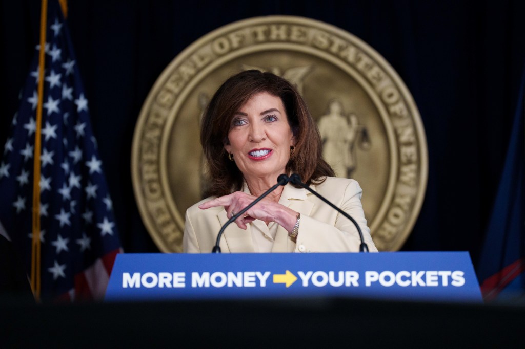 New York Gov. Kathy Hochul speaking at a news conference about tax relief.