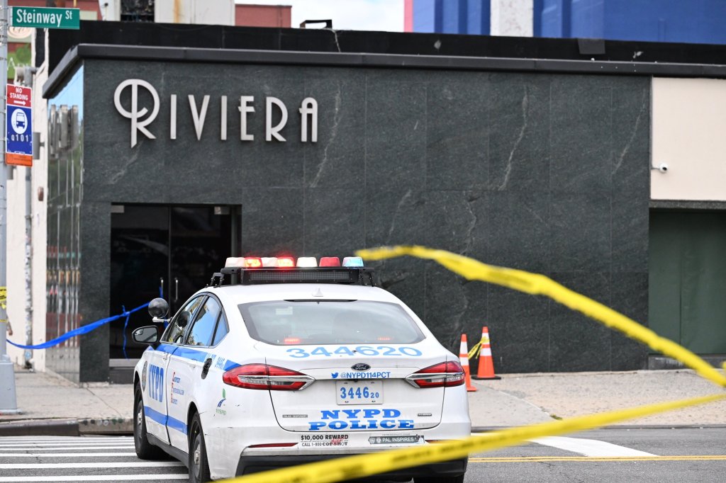 NYPD officers work the scene where a man was shot and killed during an attempted robbery outside Riviera's gentleman's club in Astoria, Queens, New York, United States on Thursday, September 24, 2026. Sources say that a man in his 40s, was approached by a suspect and was fatally shot after attempting to stop his jewelry from being taken. The gunman fled without any property. 