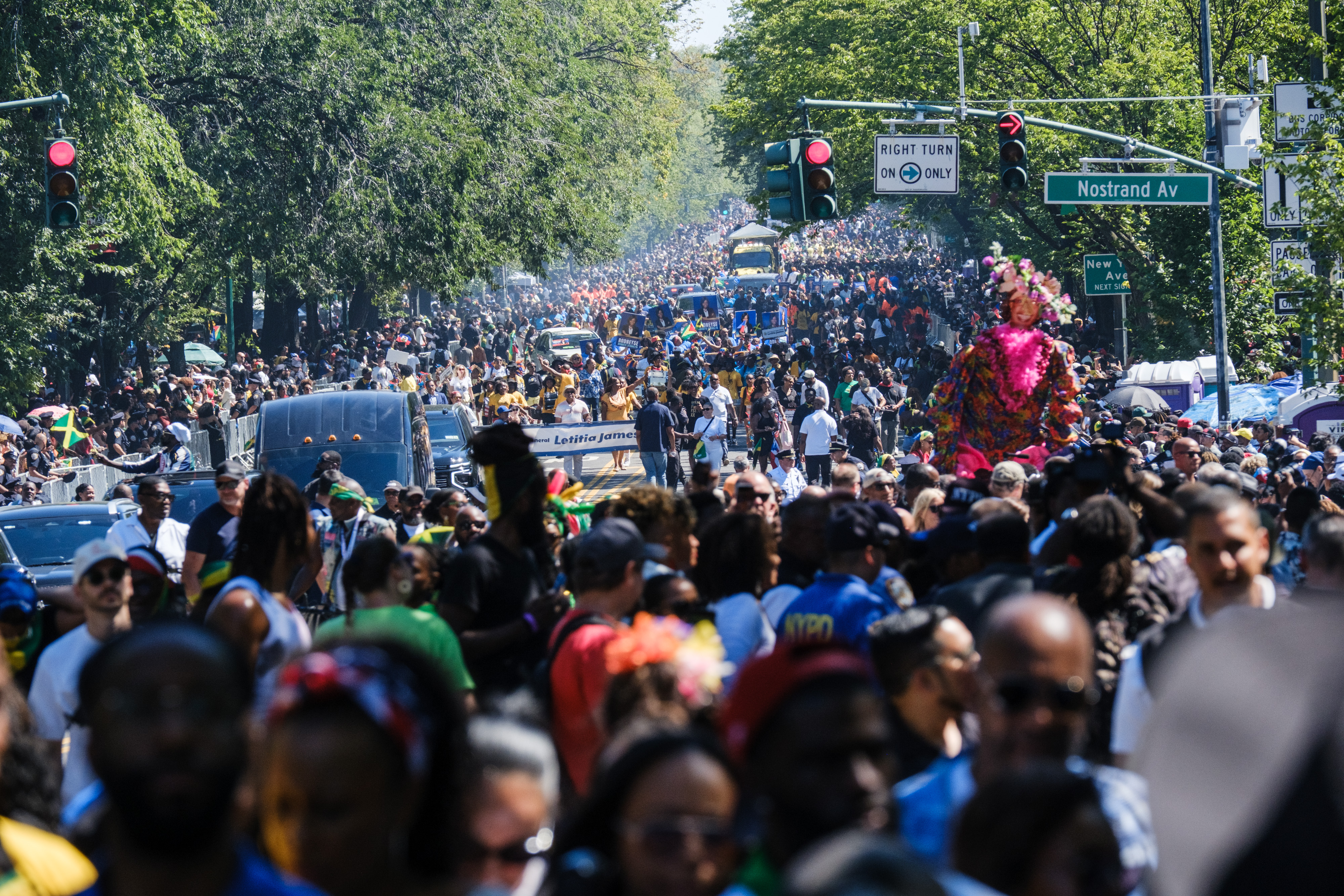 Crowds gather for the West Indian Day Parade along Eastern Parkway in Crown Heights, Brooklyn.