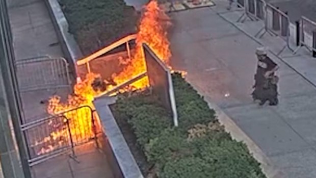 Authorities released surveillance footage of the moment they said Andrew Arrabaca, an Army veteran, set off fireworks and appears to brandish a weapon outside 26 Federal Plaza in New York City on Monday, July 20, 2026. (U.S. Attorney's Office)
