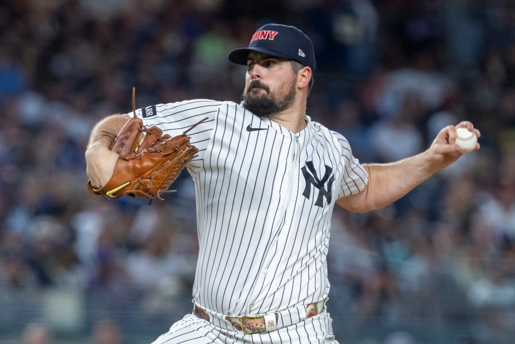 New York Yankees pitcher Carlos Rodón (55) throws a pitch in the second inning at Yankee Stadium, Friday, Sept. 11, 2026, in Bronx, NY. 