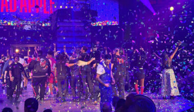 The "Mad Apple" cast departs the stage amid a rain of confetti in the show's finale at New York ...
