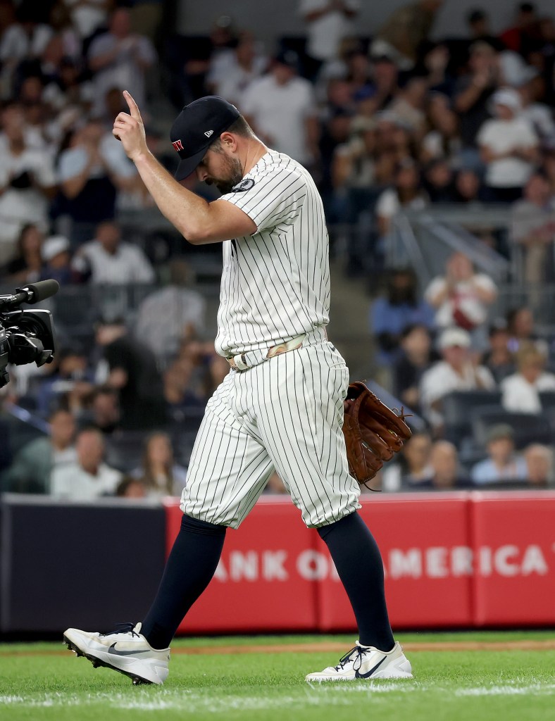 Carlos Rodon reacts as he is pulled in the seventh inning against the Mets at Yankee Stadium on September 11, 2026.