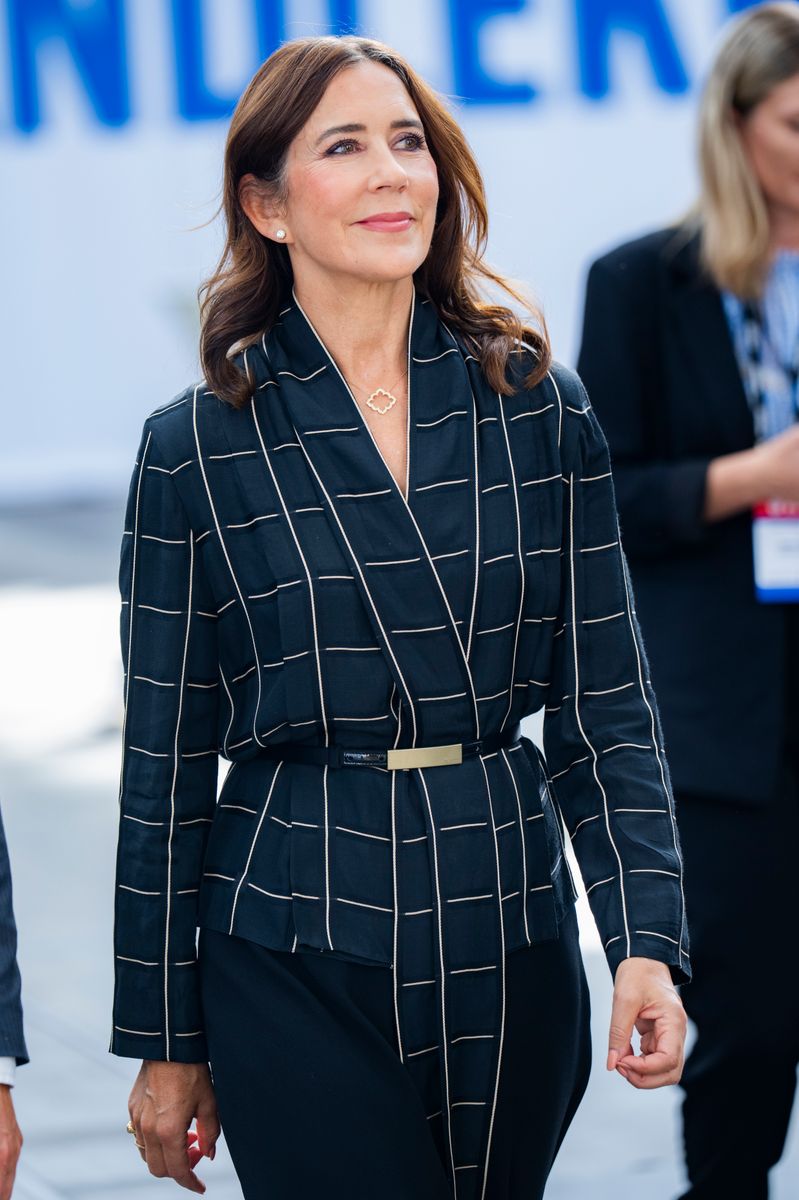 Queen Mary stepped out in a striking black-and-white power suit for Danish Industry's annual business day in Copenhagen.