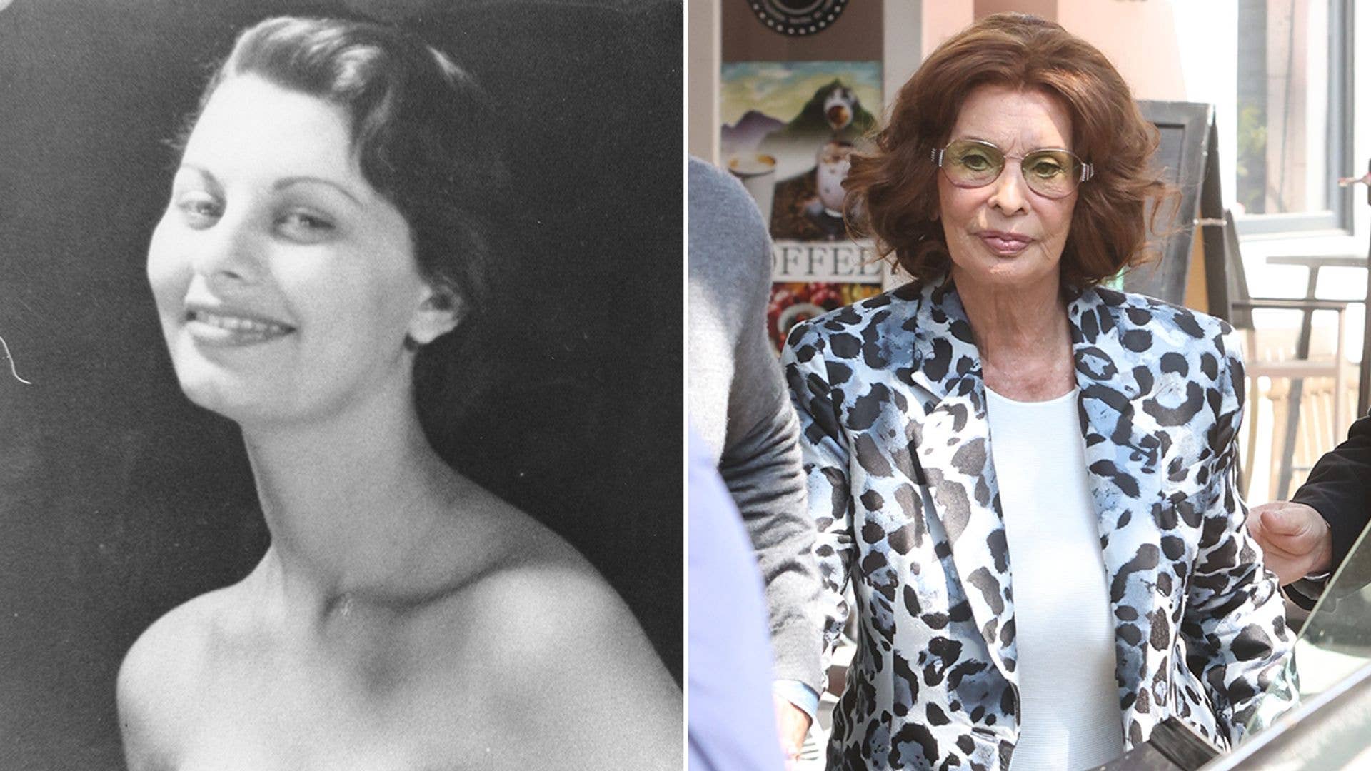 Sophia Loren in two photos: one young, smiling, strapless top; one older, leopard print jacket, glasses.