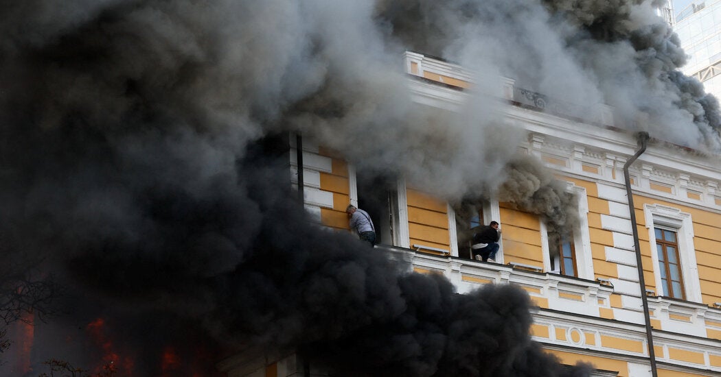 Russian Drone Strikes Ukraine’s Science Academy, Causing Fire in City Center
