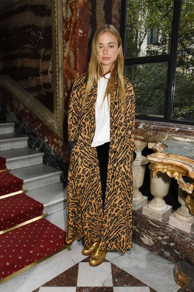 Amelia Windsor wearing a leopard print coat