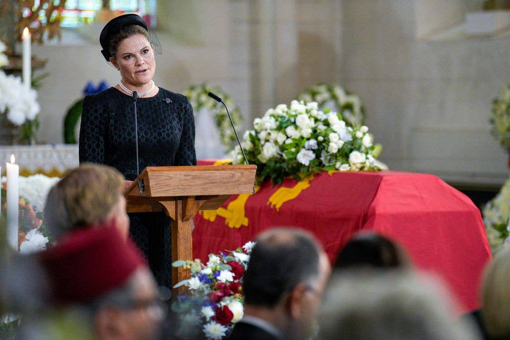 Crown Princess Victoria of Sweden speaks during the funeral service for late King Harald V of Norway in the Cathedral in Oslo, Norway,